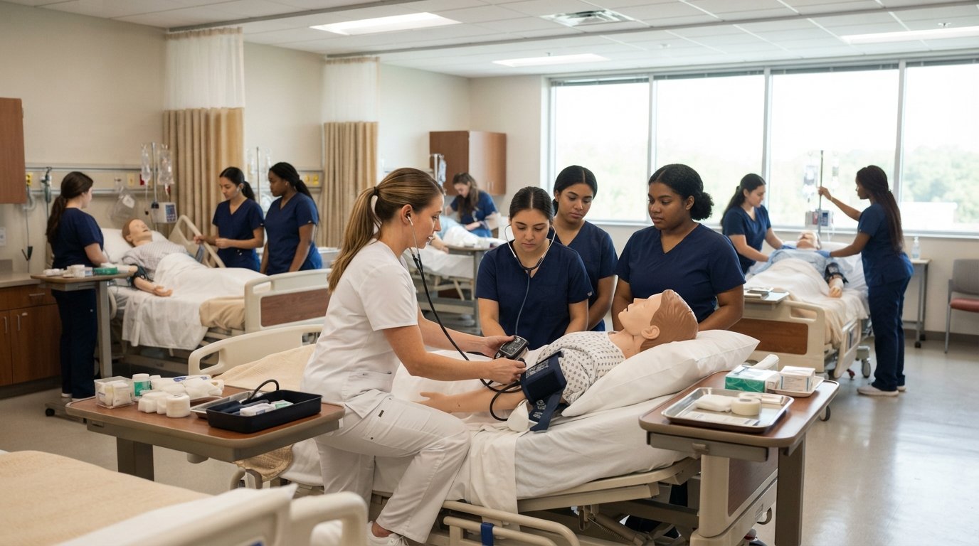 Nursing students in navy scrubs practice clinical skills on mannequins while an instructor in white scrubs demonstrates a…