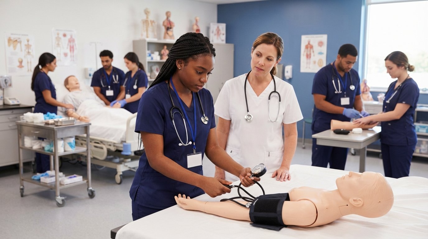 Nursing students in navy scrubs practice blood pressure checks on a training mannequin arm while an instructor in white…