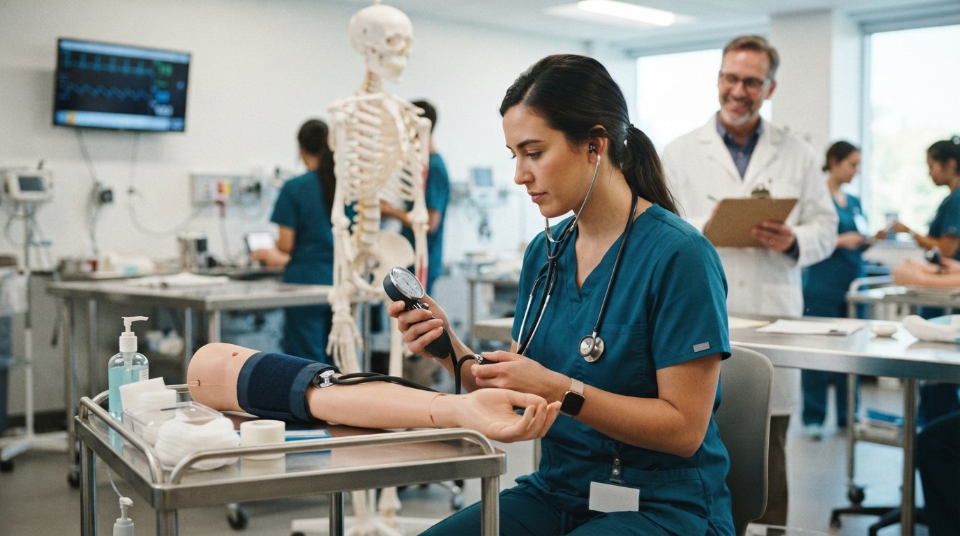 Female LPN student in teal scrubs takes a blood pressure reading on a mannequin arm in a modern clinical lab with an…