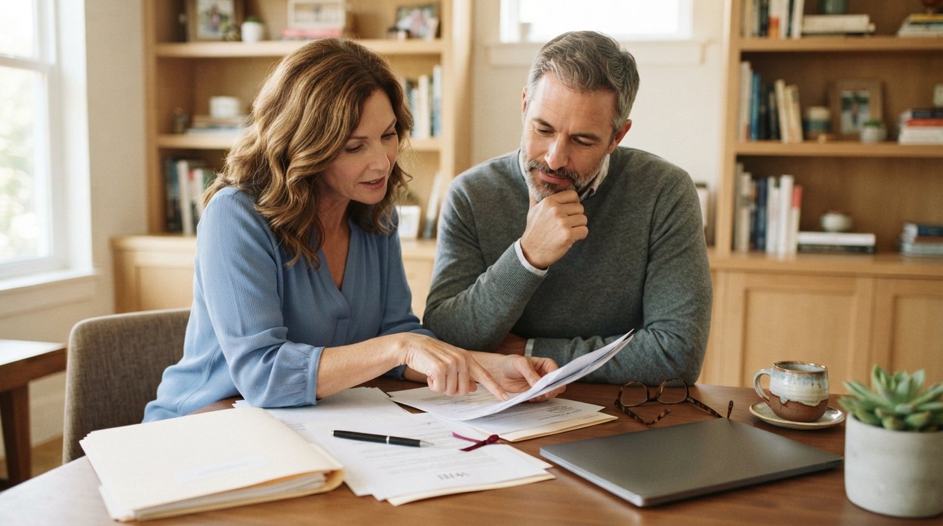 Middle-aged couple at a wooden desk reviewing estate planning papers, with a life insurance folder, will, pen, glasses,…