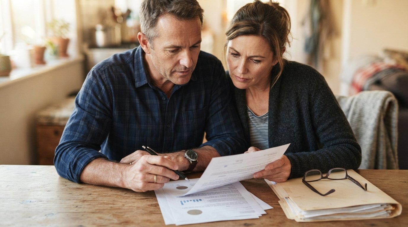 Middle-aged couple reviewing a life insurance policy document at a wooden kitchen table, pen in hand, with paperwork and…