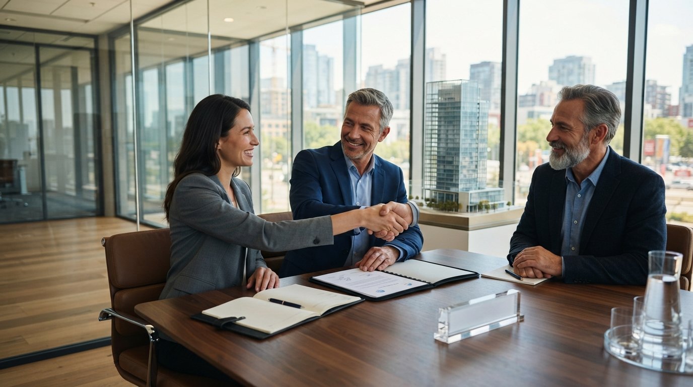 Three business partners in a glass-walled conference room reviewing documents and shaking hands over a signed agreement at…