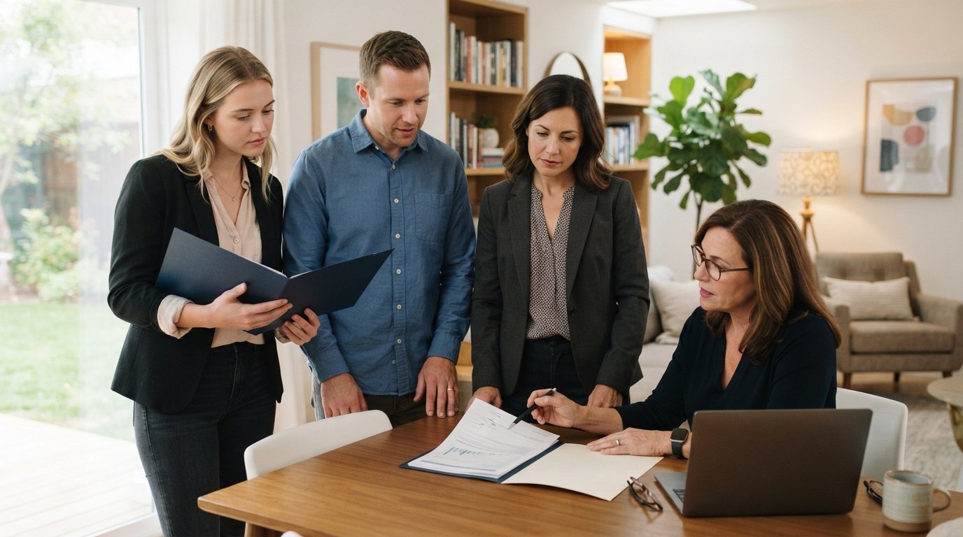 Three adults in their 20s, 30s, and 40s review a life insurance document with an agent at a table