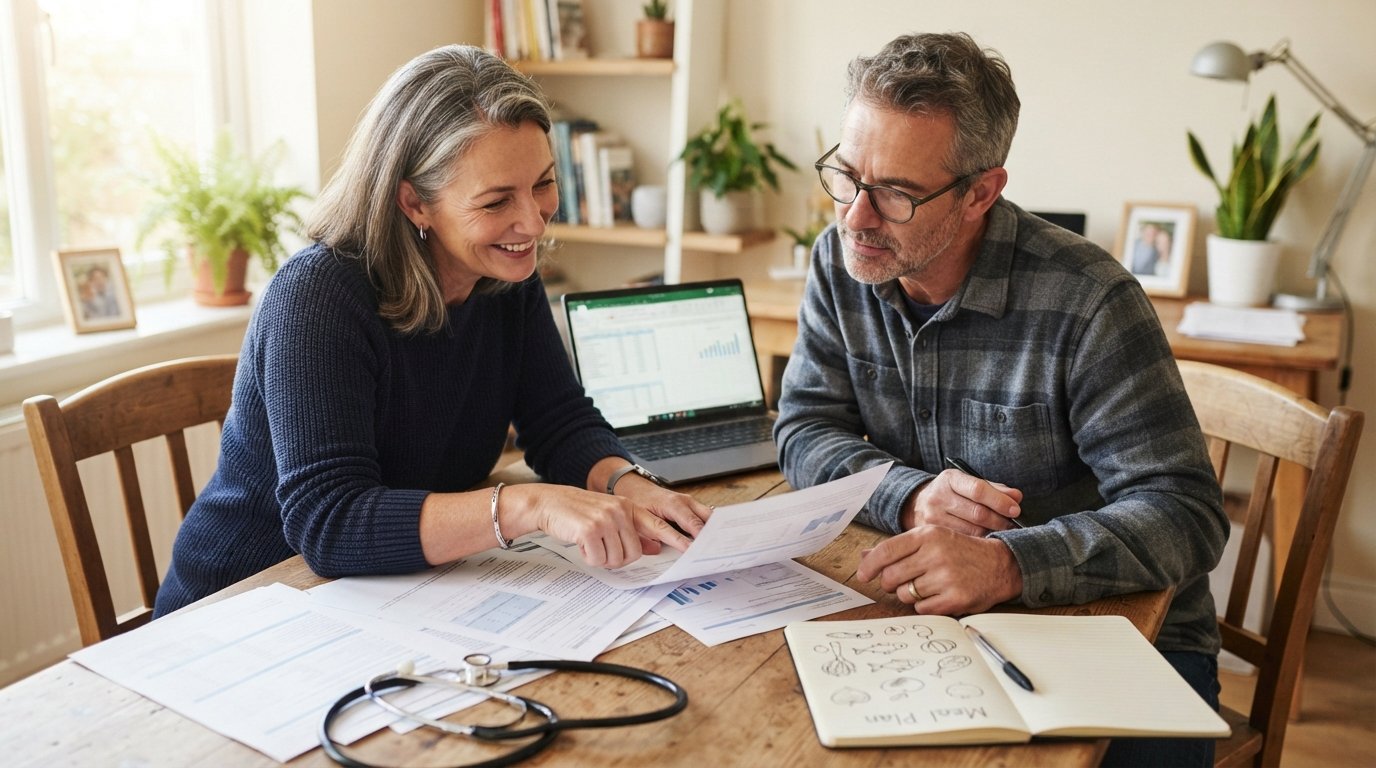Middle-aged couple reviewing life insurance papers at a wooden table with a laptop, stethoscope, and meal plan notebook in…