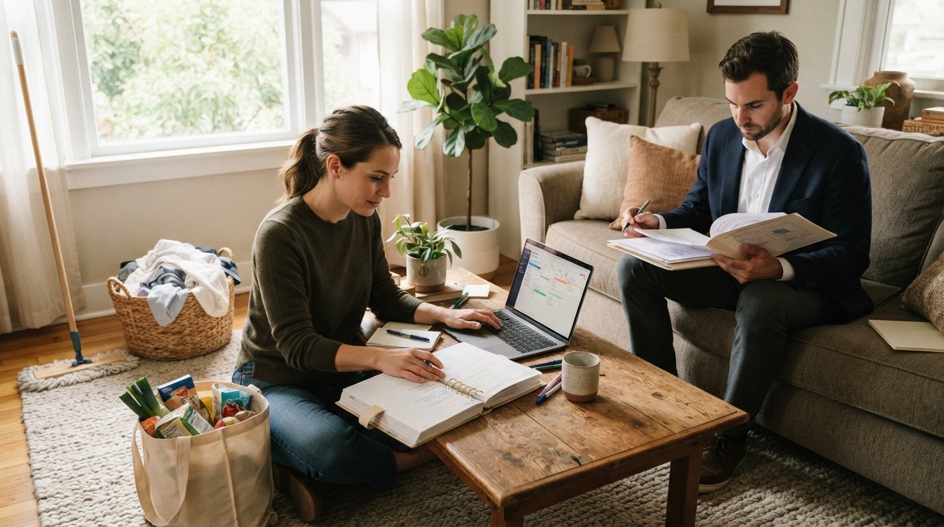 Stay-at-home parent in casual clothes reviews a planner and laptop beside a spouse in business attire on a sofa, with…