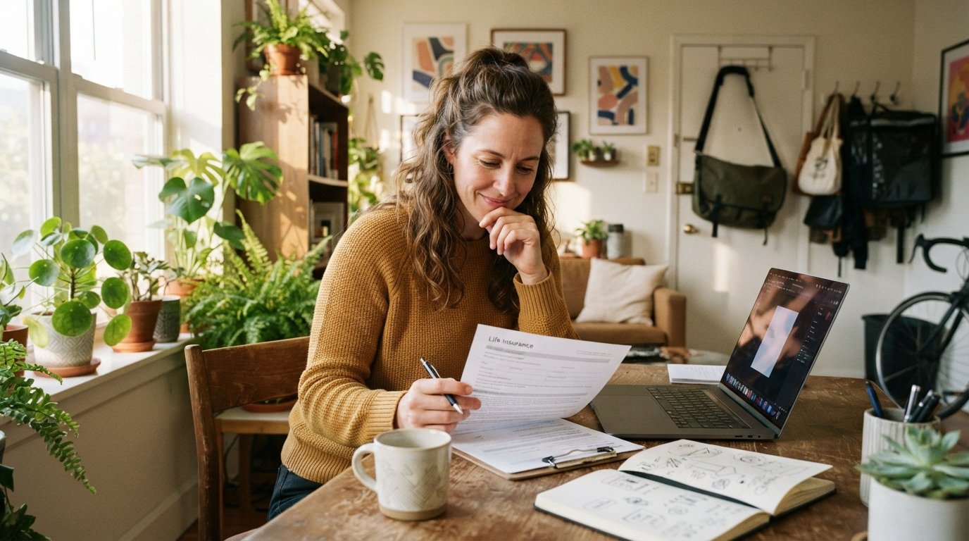 Freelance graphic designer in her 30s reviewing life insurance paperwork at a sunlit home desk with laptop, coffee mug, and…