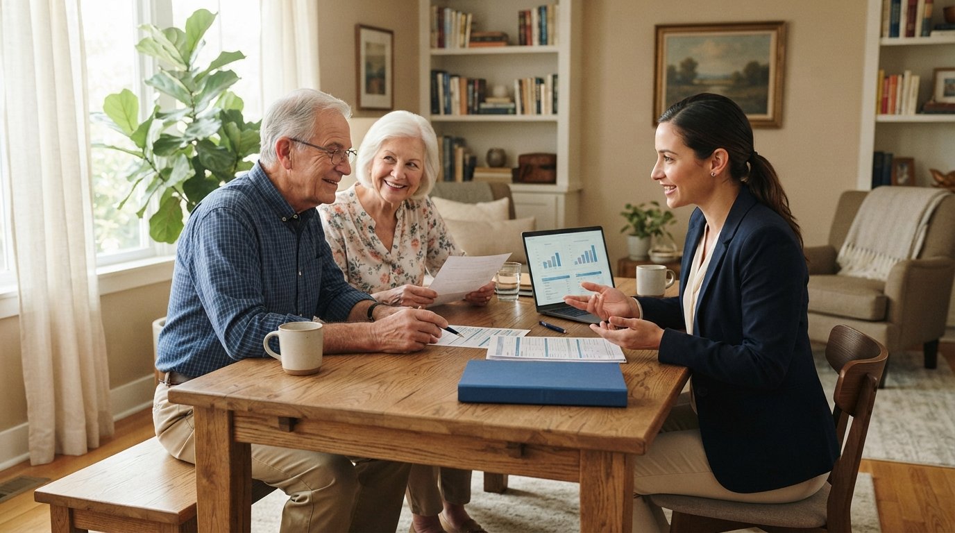 Elderly couple reviewing insurance paperwork with an agent at a dining table in a softly lit living room