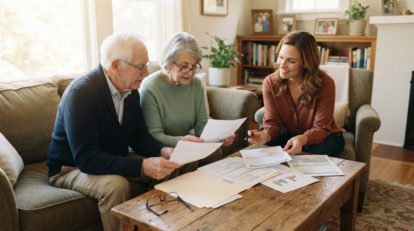 Older couple on a sofa reviewing insurance paperwork with a middle-aged adult at a coffee table in a sunlit living room