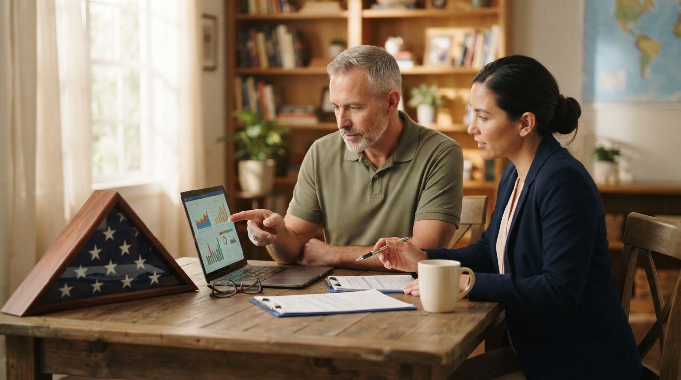 Middle-aged male veteran in olive polo and female insurance agent in navy blazer reviewing paperwork and laptop charts at a…