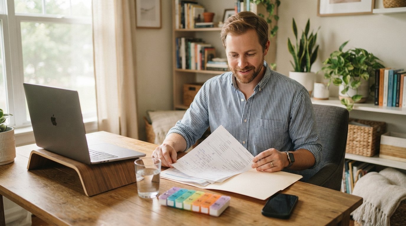 Man in casual button-down shirt at wooden desk with laptop, medical folder, pill organizer, water glass, and phone in soft…