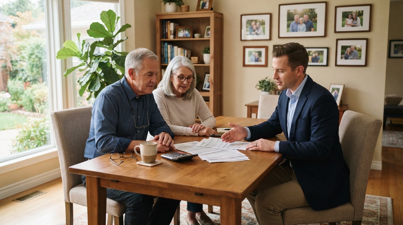 Older couple reviewing documents with an insurance agent at a dining table, calculator and coffee nearby