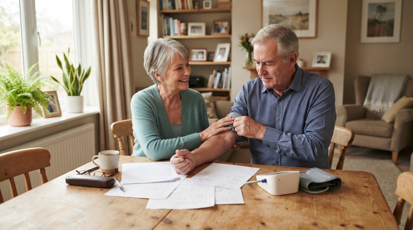 Senior couple at a kitchen table reviewing health papers, with a home blood pressure monitor and reading glasses nearby as…