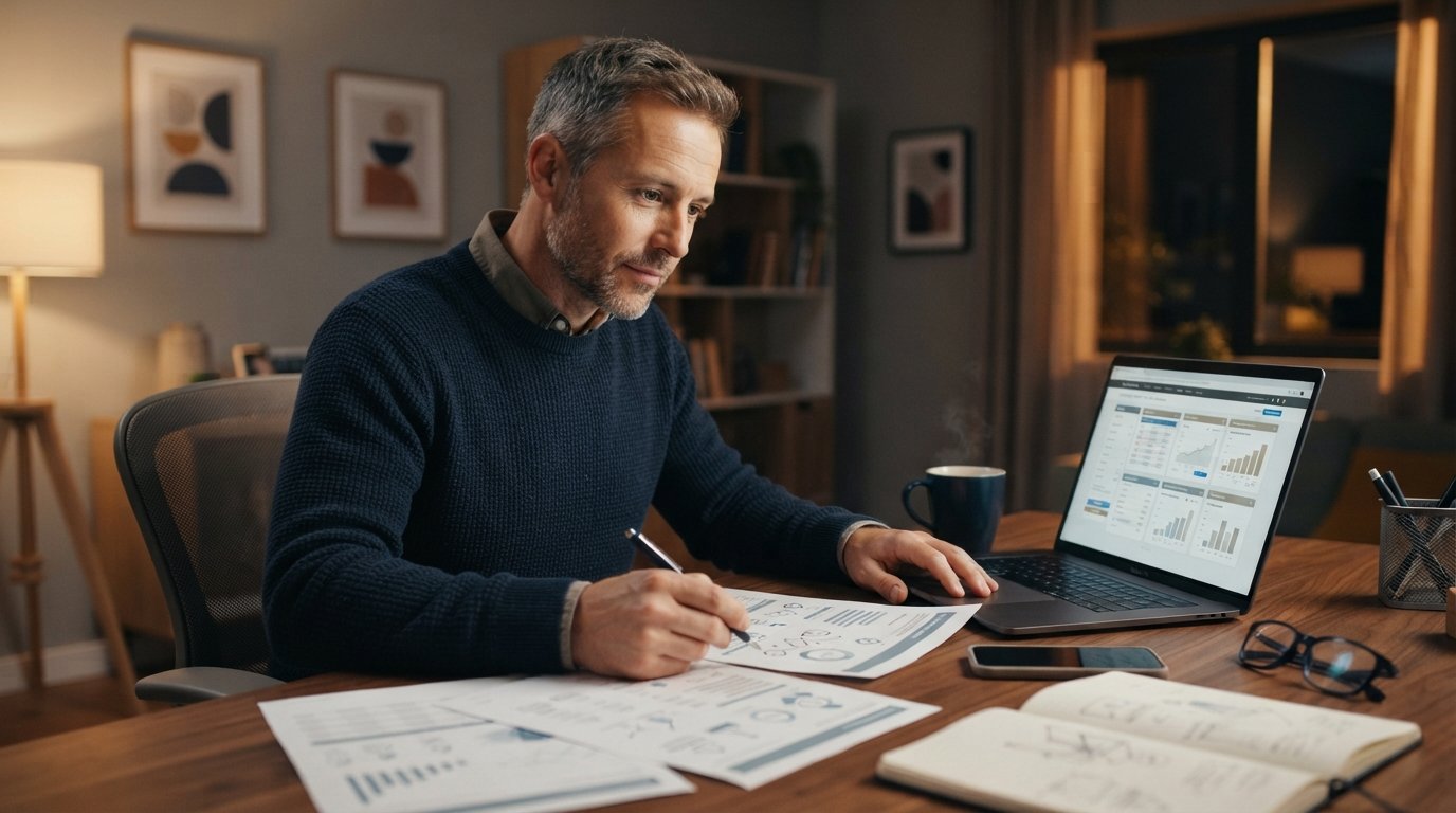 Man in his 40s at a warmly lit home desk comparing life insurance policy documents while using a laptop, with a phone and…