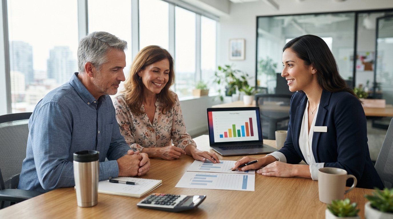Insurance agent in a navy blazer reviewing printed comparison charts and laptop bar graphs with a couple at a wooden desk