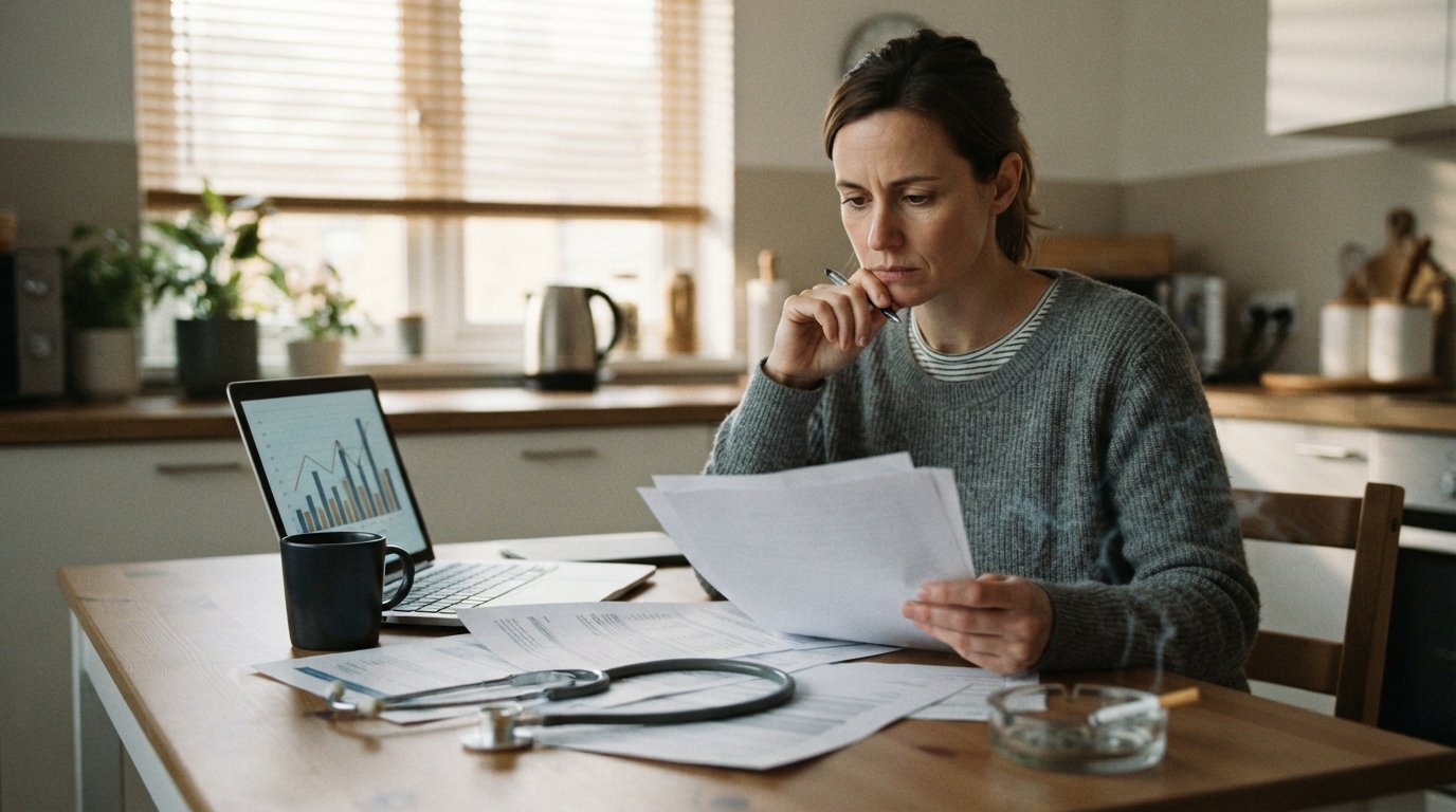 Parent in their late 30s reviews insurance paperwork and a laptop rate chart at a kitchen table, with a cigarette in an…