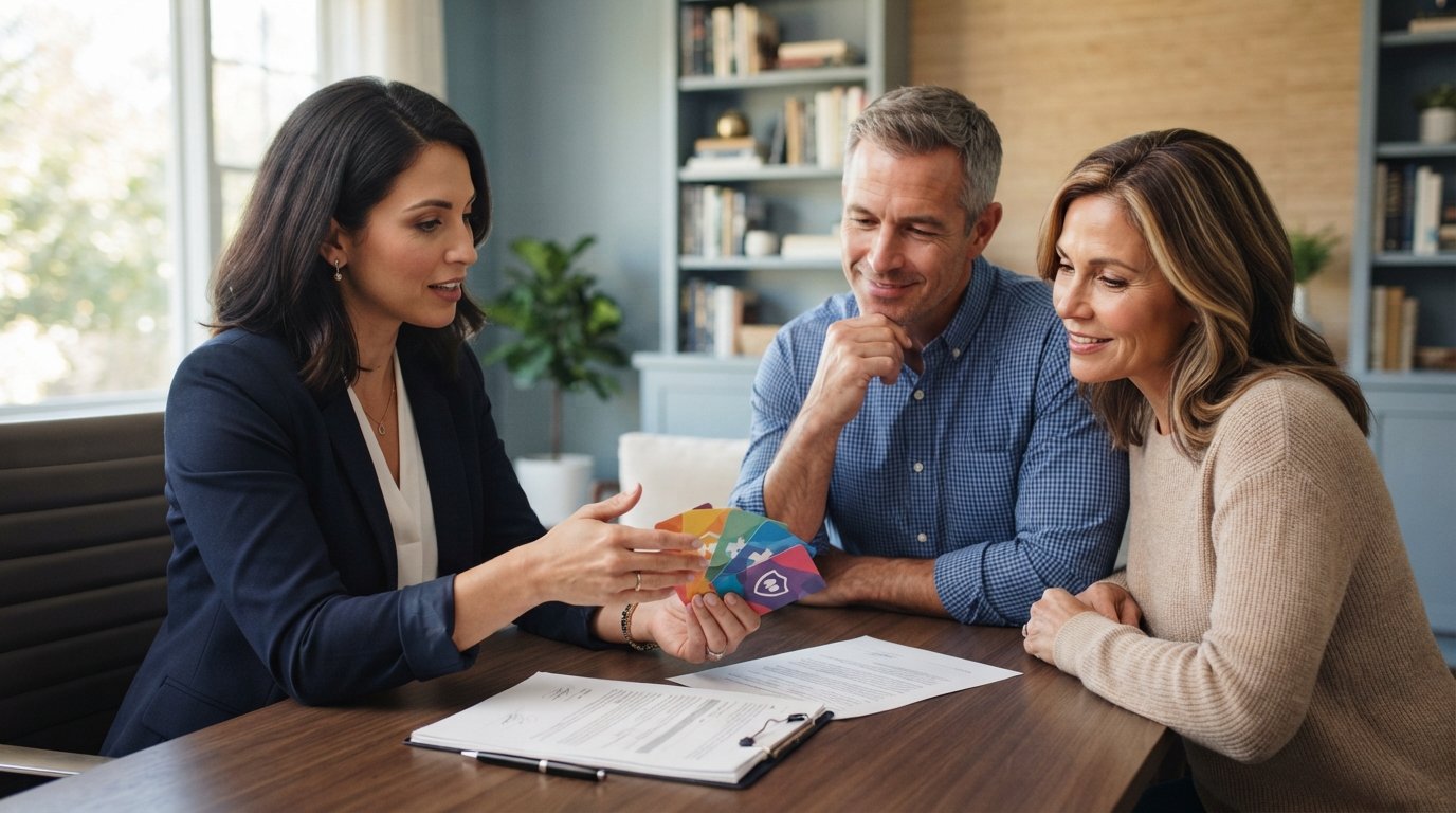 Licensed insurance agent gestures toward fanned policy add-on cards while a middle-aged couple reviews an open life…