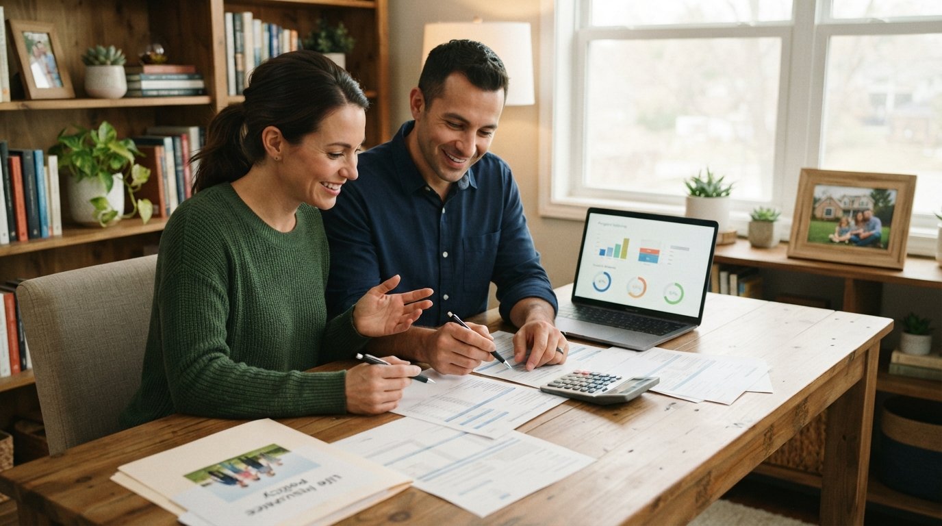 Couple in their 30s at a wooden desk reviewing mortgage and student loan paperwork beside a life insurance policy folder,…