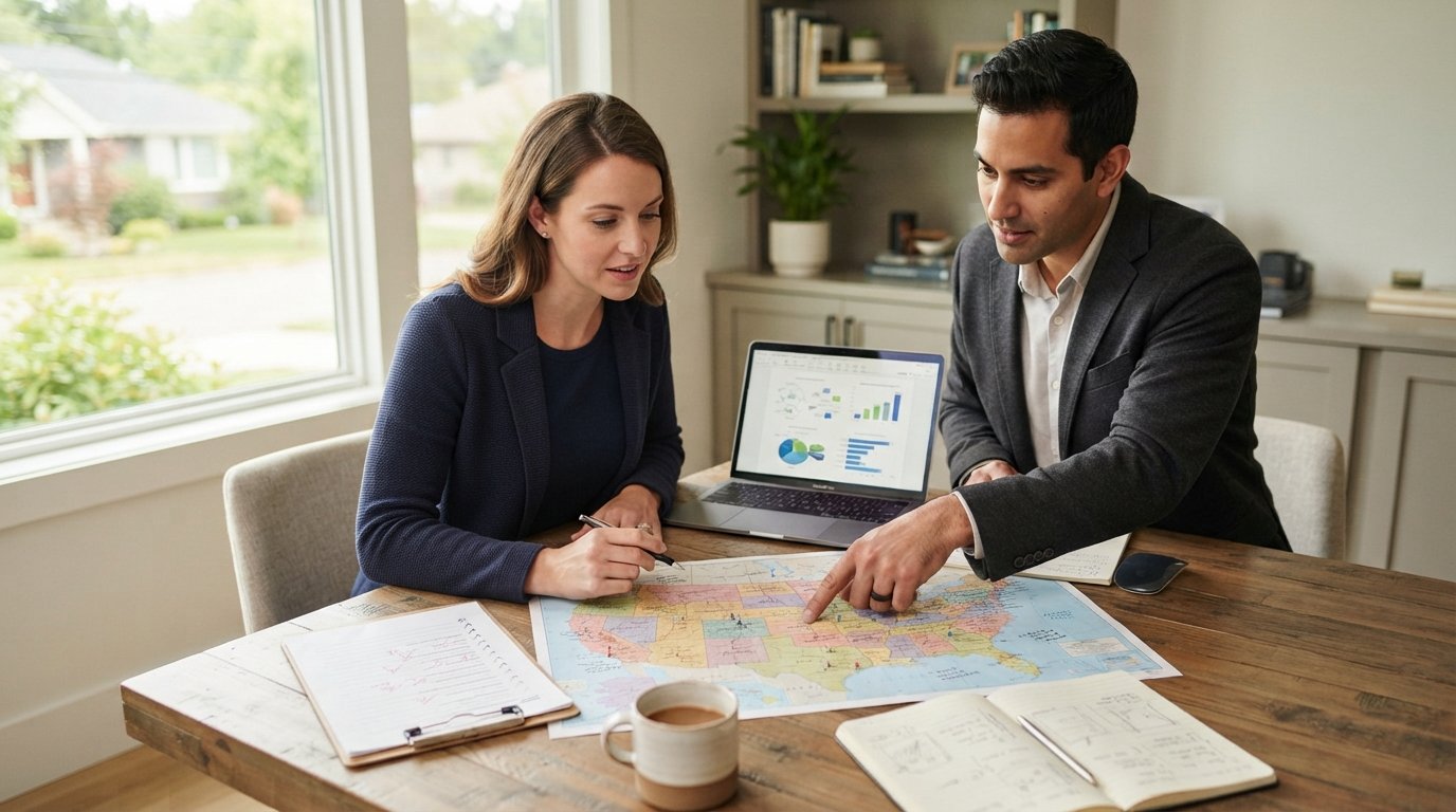 Two adults in a home office review accreditation papers and a U.S. map at a laptop, with a checklist, notebook, and coffee…