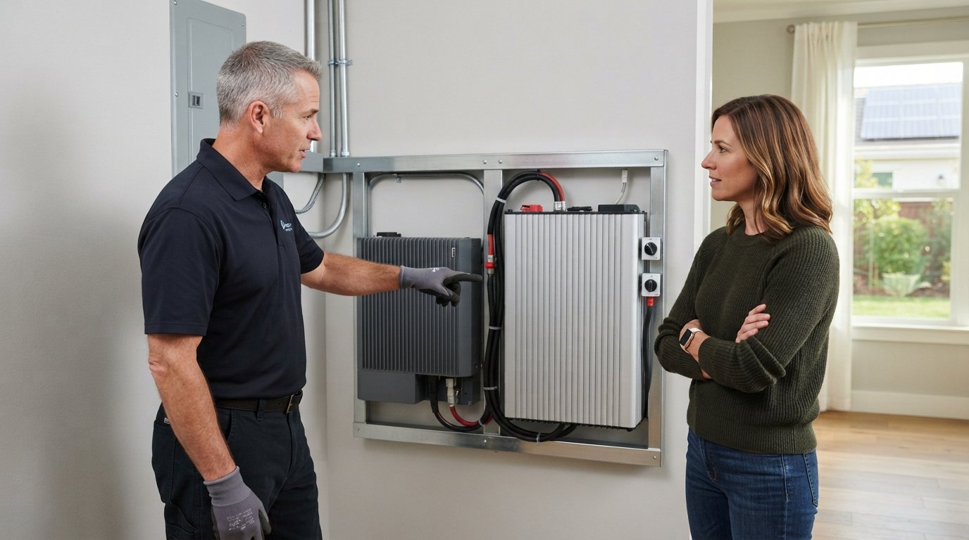Solar installer points to wall-mounted lithium-ion and LFP battery units beside a female homeowner in a bright modern home
