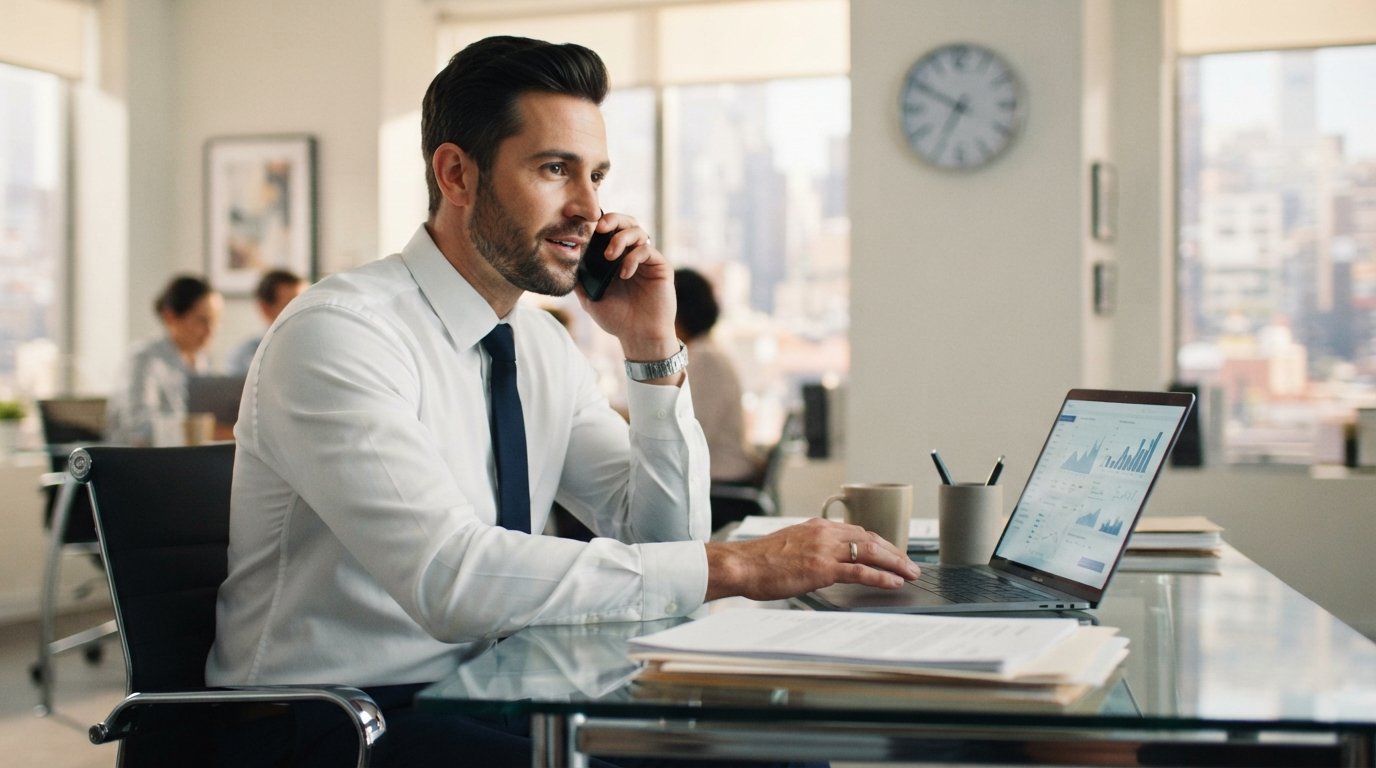 Loan officer in white shirt and tie holds phone to ear at a glass desk, hand over a laptop with financial charts, wall…