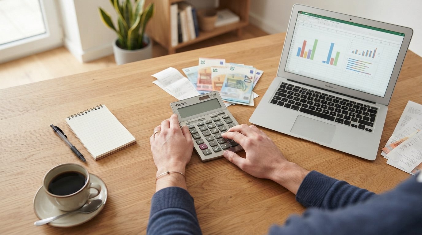 Hands pressing a silver calculator beside a laptop showing a spreadsheet with bar charts, with bills, notepad, and coffee…