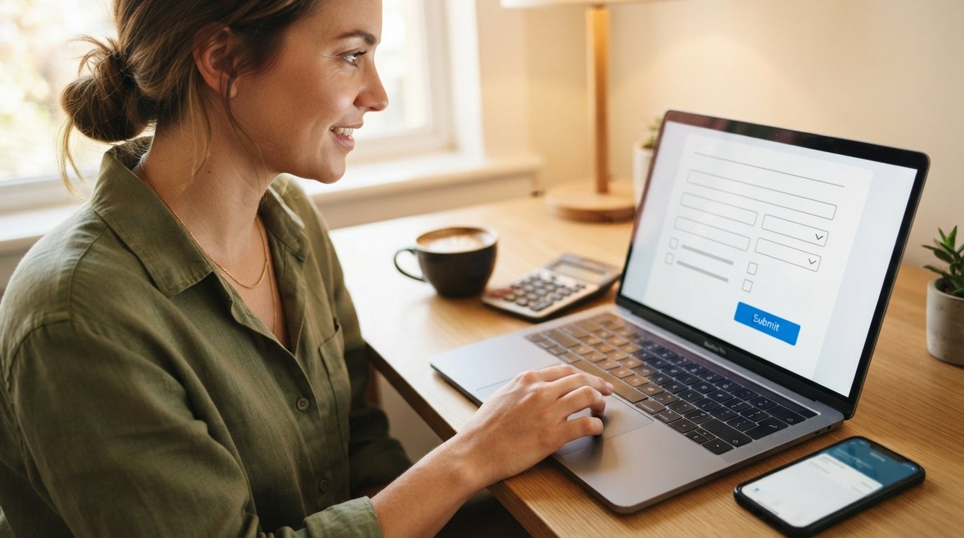 Hand clicking a blue Submit button on a laptop displaying an online loan form, with calculator, coffee, and smartphone nearby