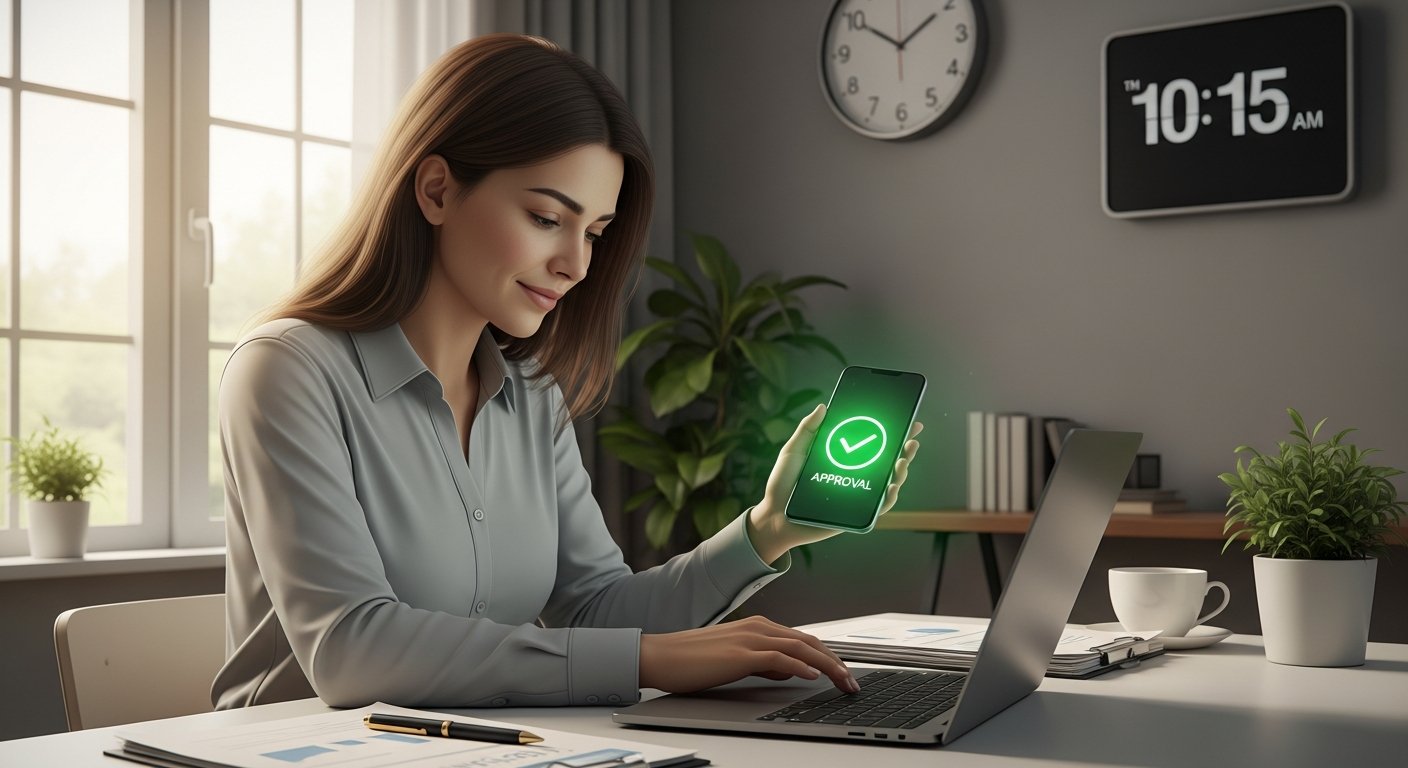 Woman in her early 30s holding a smartphone showing loan approval, with financial documents and a clock at 10:15 AM on a desk