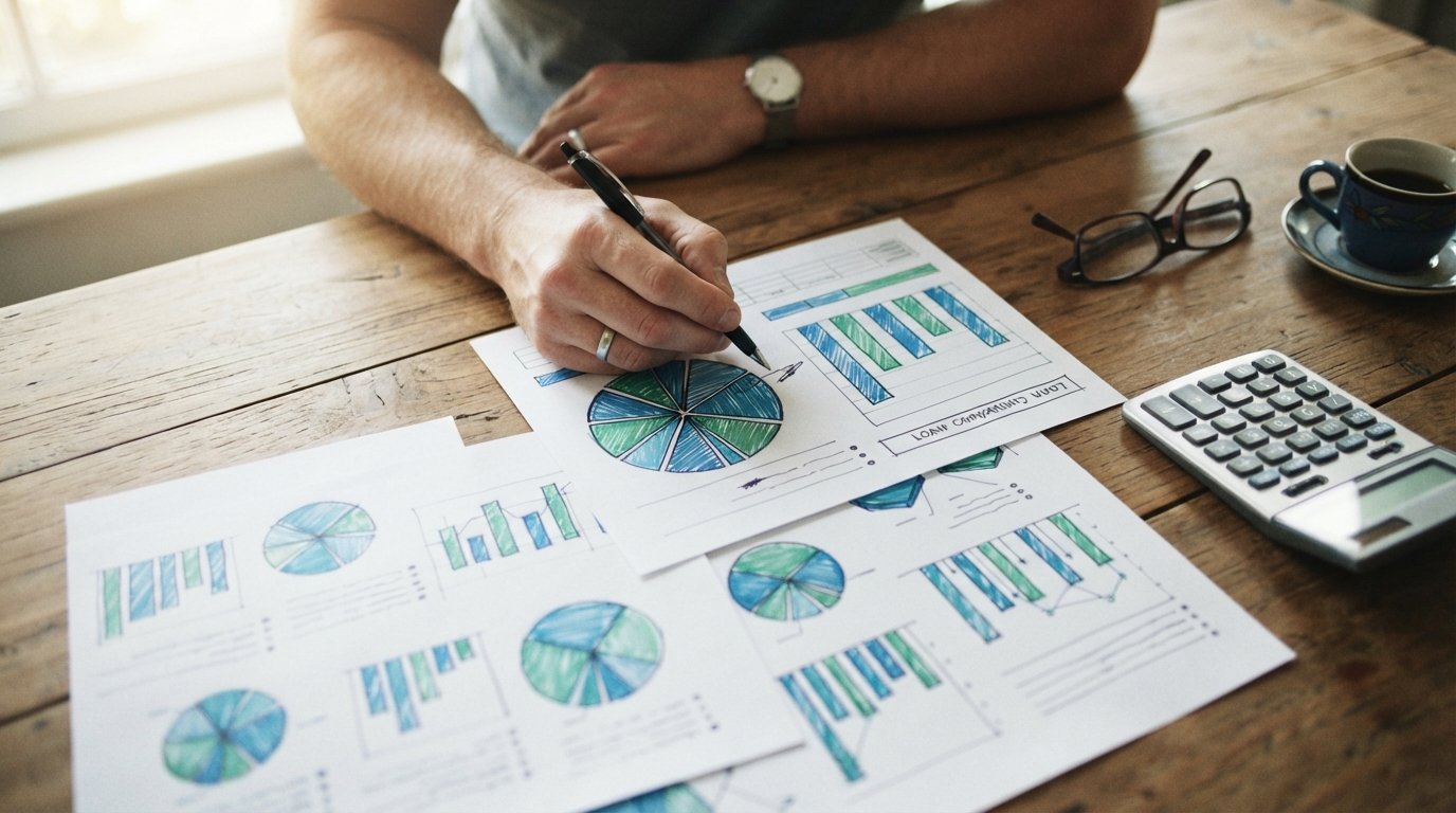 Hand holding a pen over printed loan comparison sheets with pie charts and bar graphs, calculator and glasses nearby