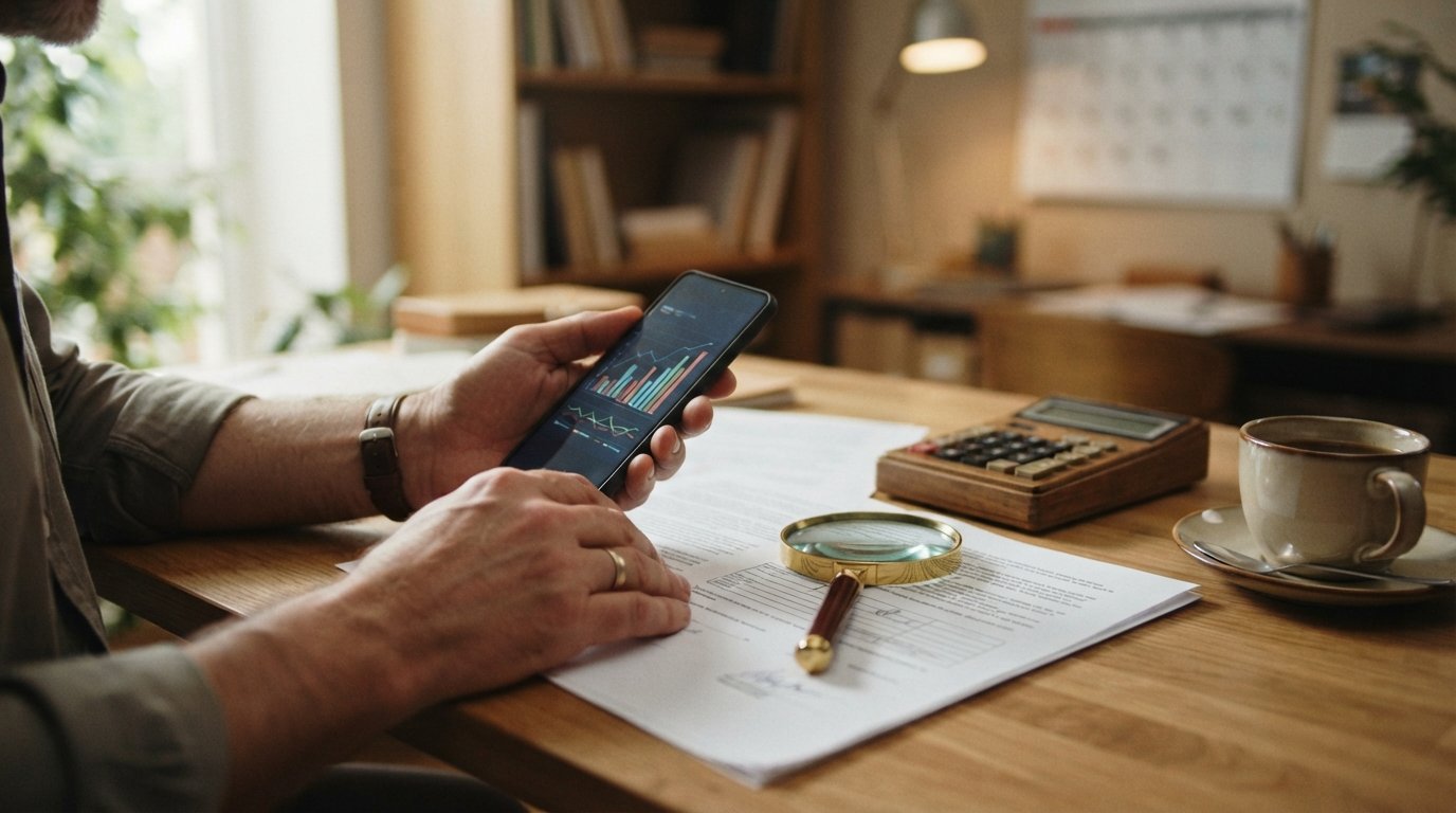 Hands holding a smartphone showing a loan comparison chart beside a printed loan agreement, magnifying glass, calculator,…