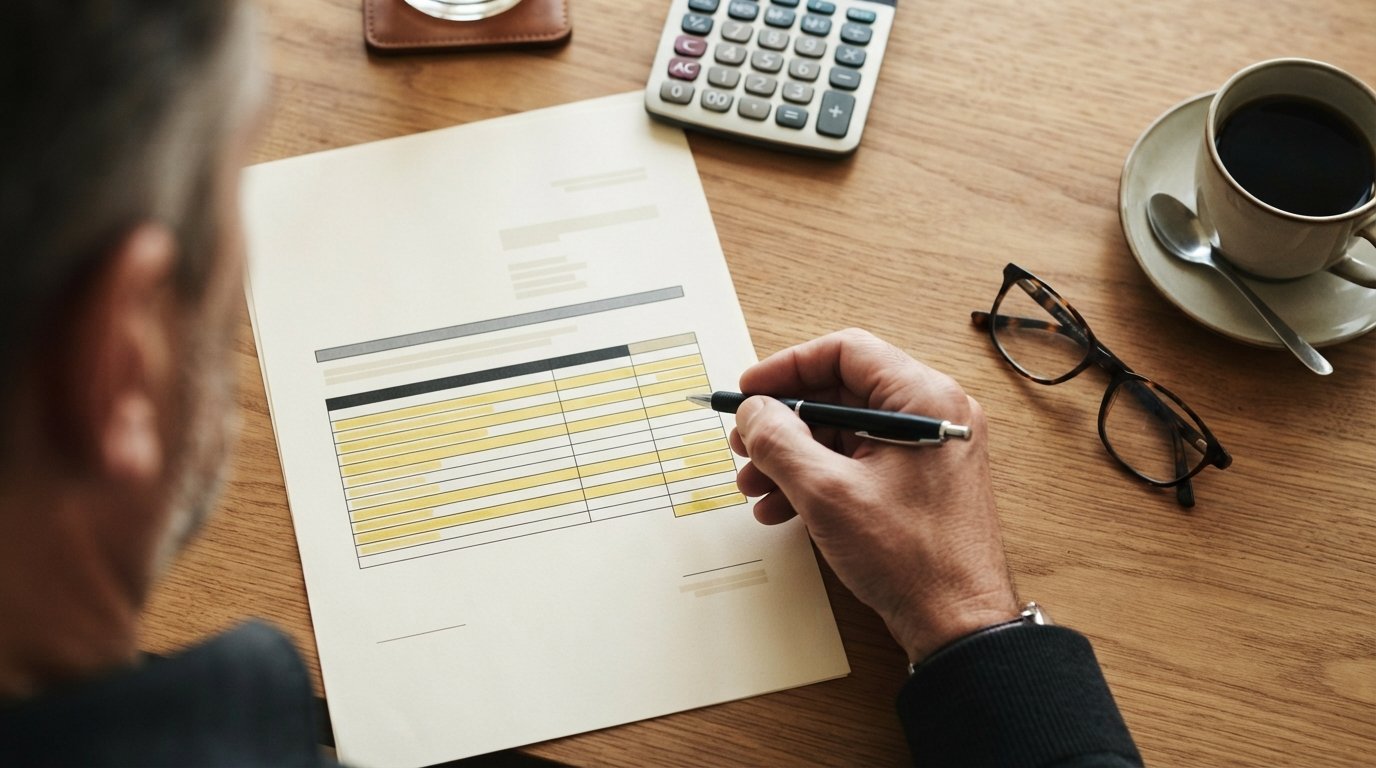 Hand holding a pen over a loan contract on a wooden desk, with a highlighted APR section, reading glasses, coffee cup, and…