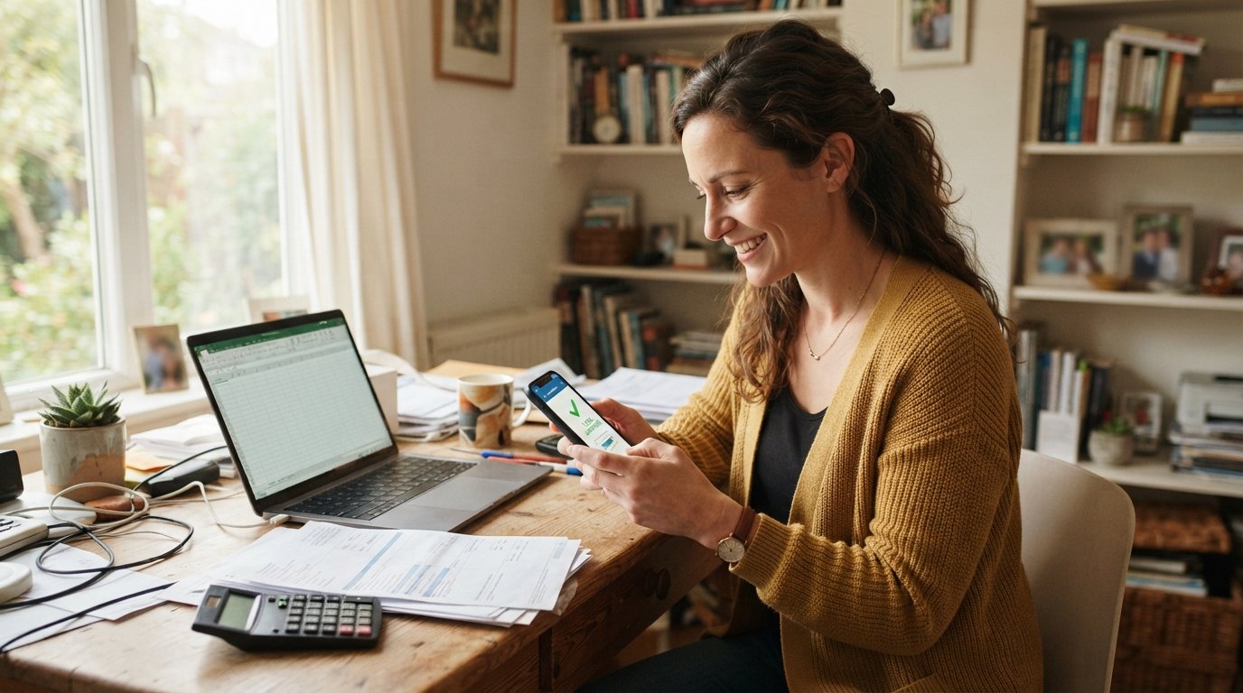 Woman in a cardigan holding a smartphone with a loan approval screen at a desk with bills and a laptop