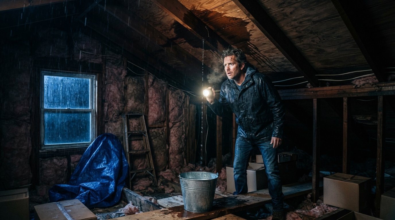 Homeowner in rain-soaked jacket shines flashlight on a ceiling leak in a dim attic, with a bucket catching drips below…