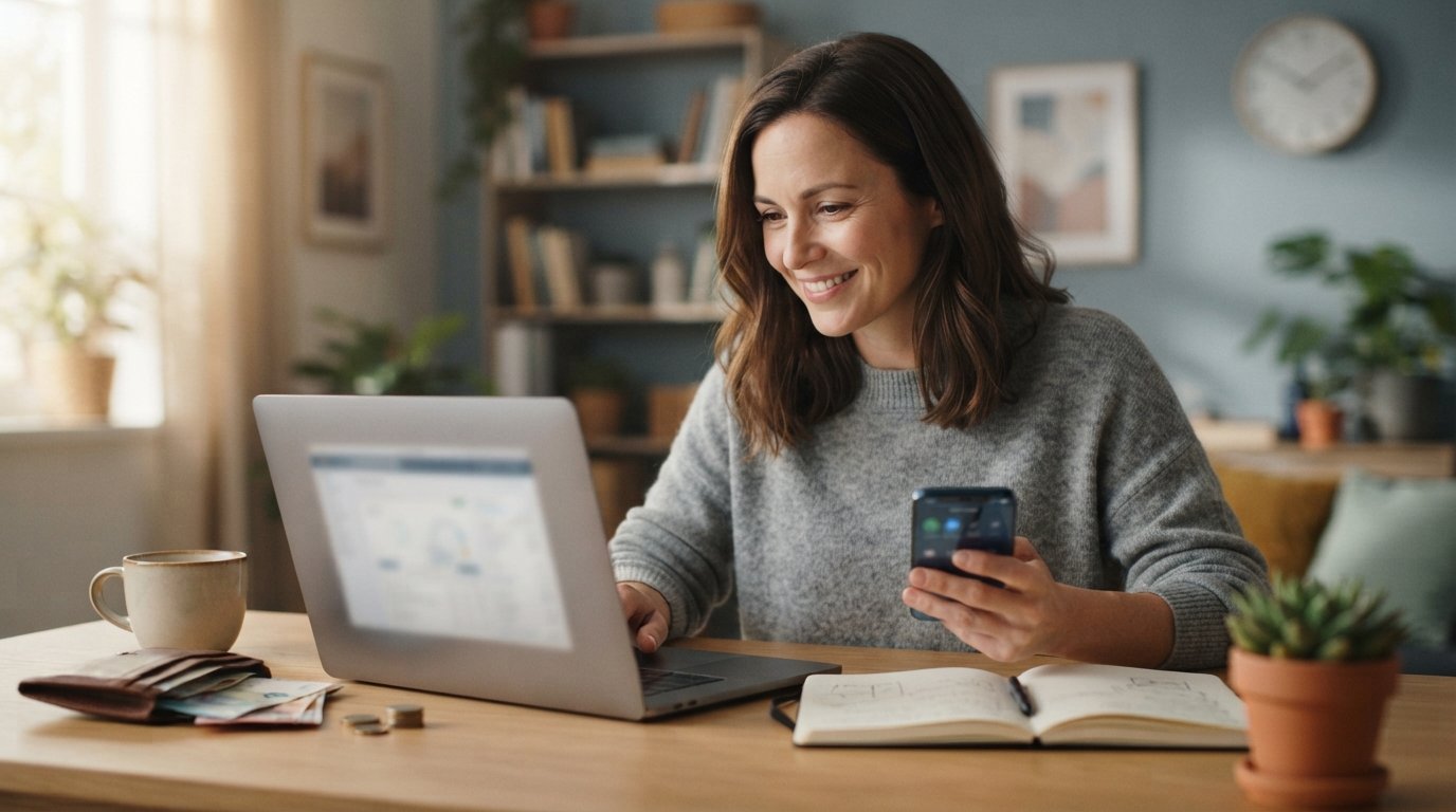 Woman in gray sweater smiles at smartphone banking app notification while sitting at a home office desk with a laptop,…