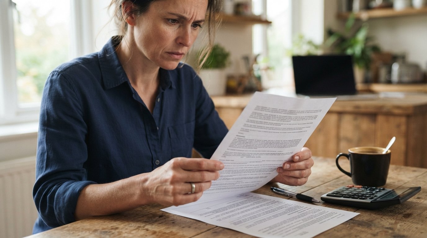 Person in a button-down shirt reviewing a loan agreement at a wooden table with a pen, calculator, coffee mug, and blurred…