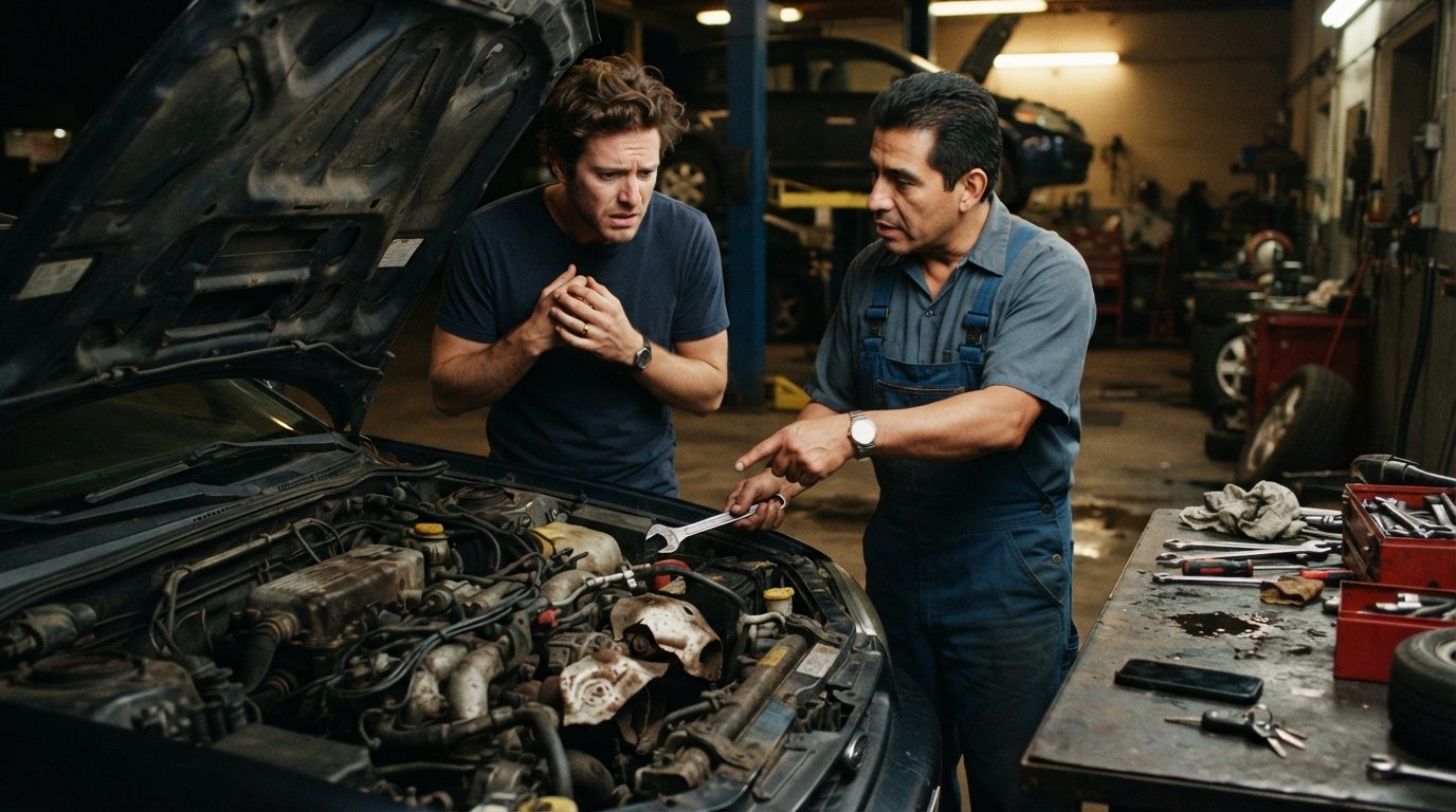Worried car owner in a t-shirt stands by an open hood as a mechanic in blue overalls points a wrench at worn engine parts…
