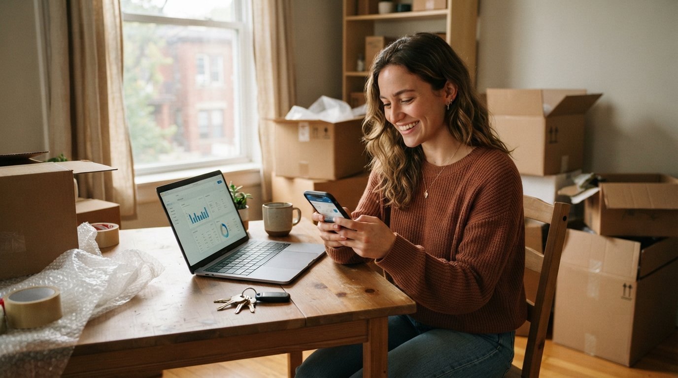 Young adult at a kitchen table with moving boxes holding a smartphone and smiling, laptop and keys nearby
