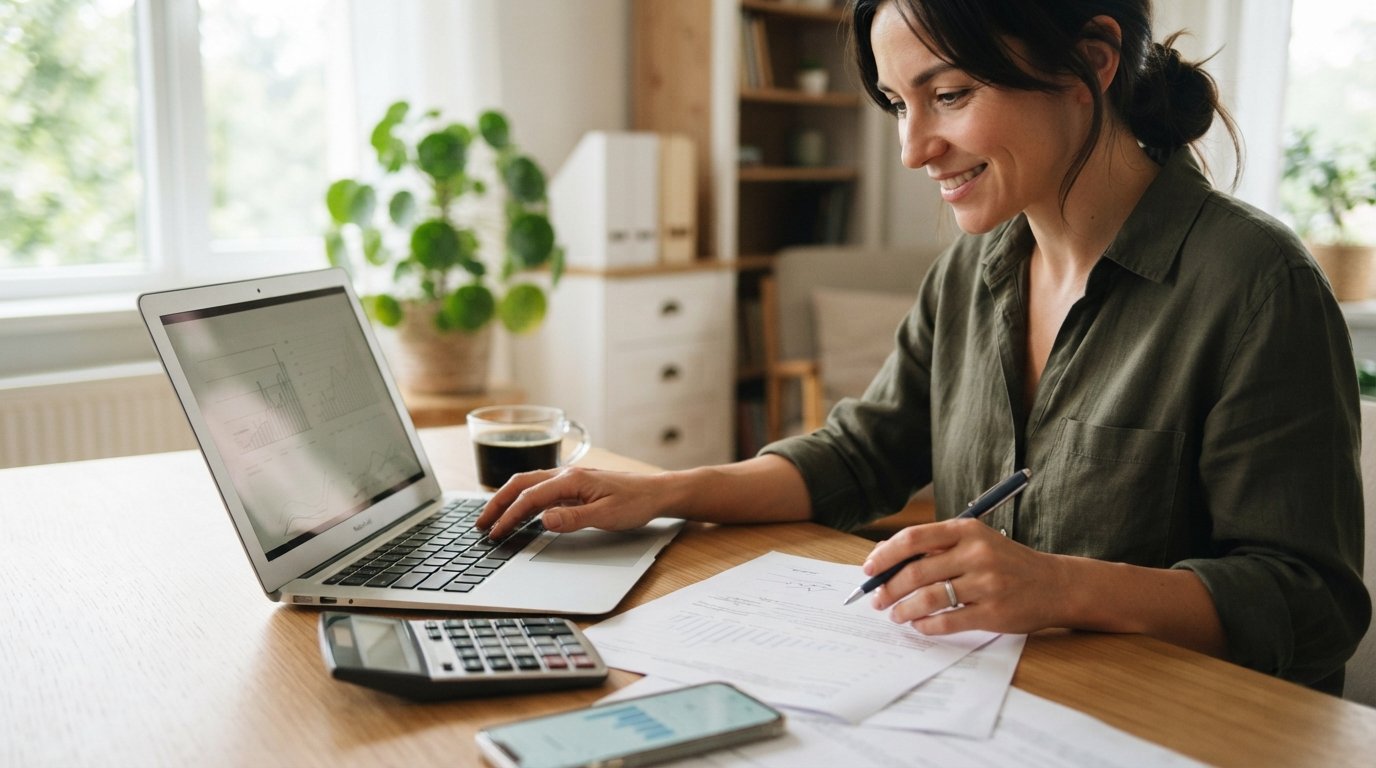 Person's hands typing on a silver laptop next to a financial calculator, coffee cup, and printed loan documents on a wooden…