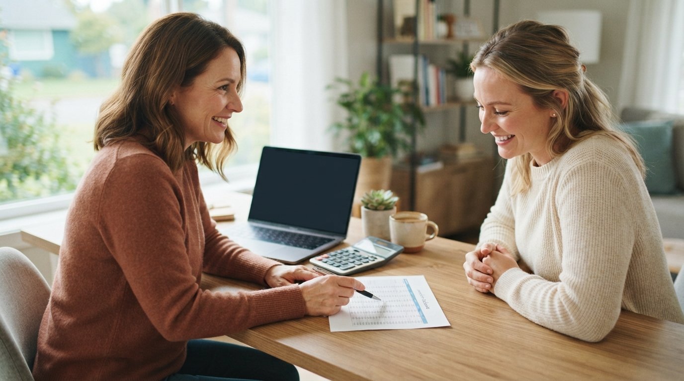 Person pointing at a printed amortization schedule on a desk with a calculator and laptop nearby