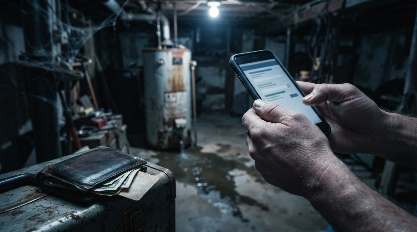 Hands holding a smartphone with a loan application form while a broken water heater leaks in a dim basement