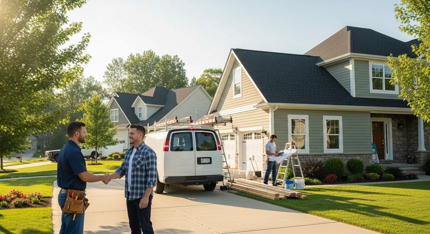 Contractor in navy work shirt and leather tool belt shaking hands with a smiling homeowner in a plaid shirt on a clean…
