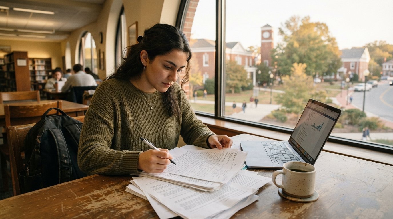 Young community college transfer student reviewing scholarship papers beside an open laptop at a sunlit library table with…
