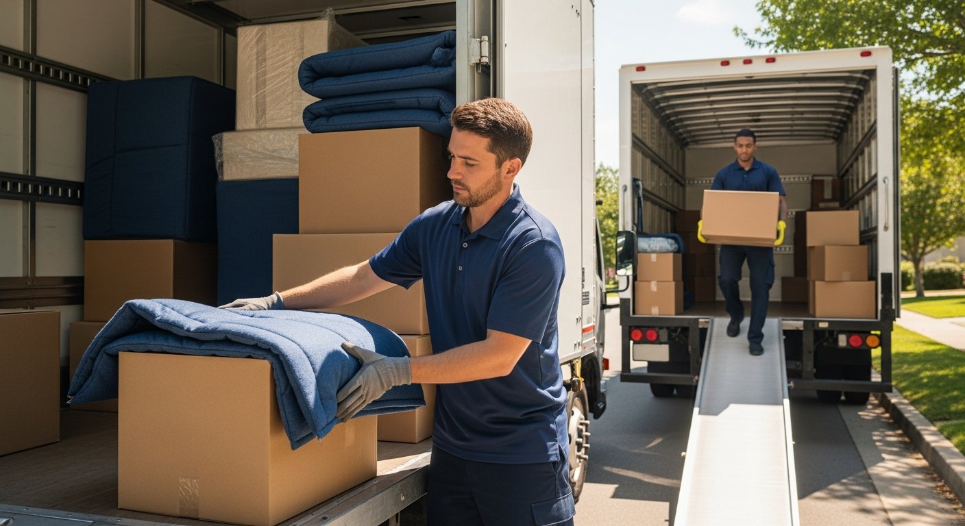 Mover in a dark blue polo wraps a padded blanket around a box inside a moving truck while another carries a labeled box up…