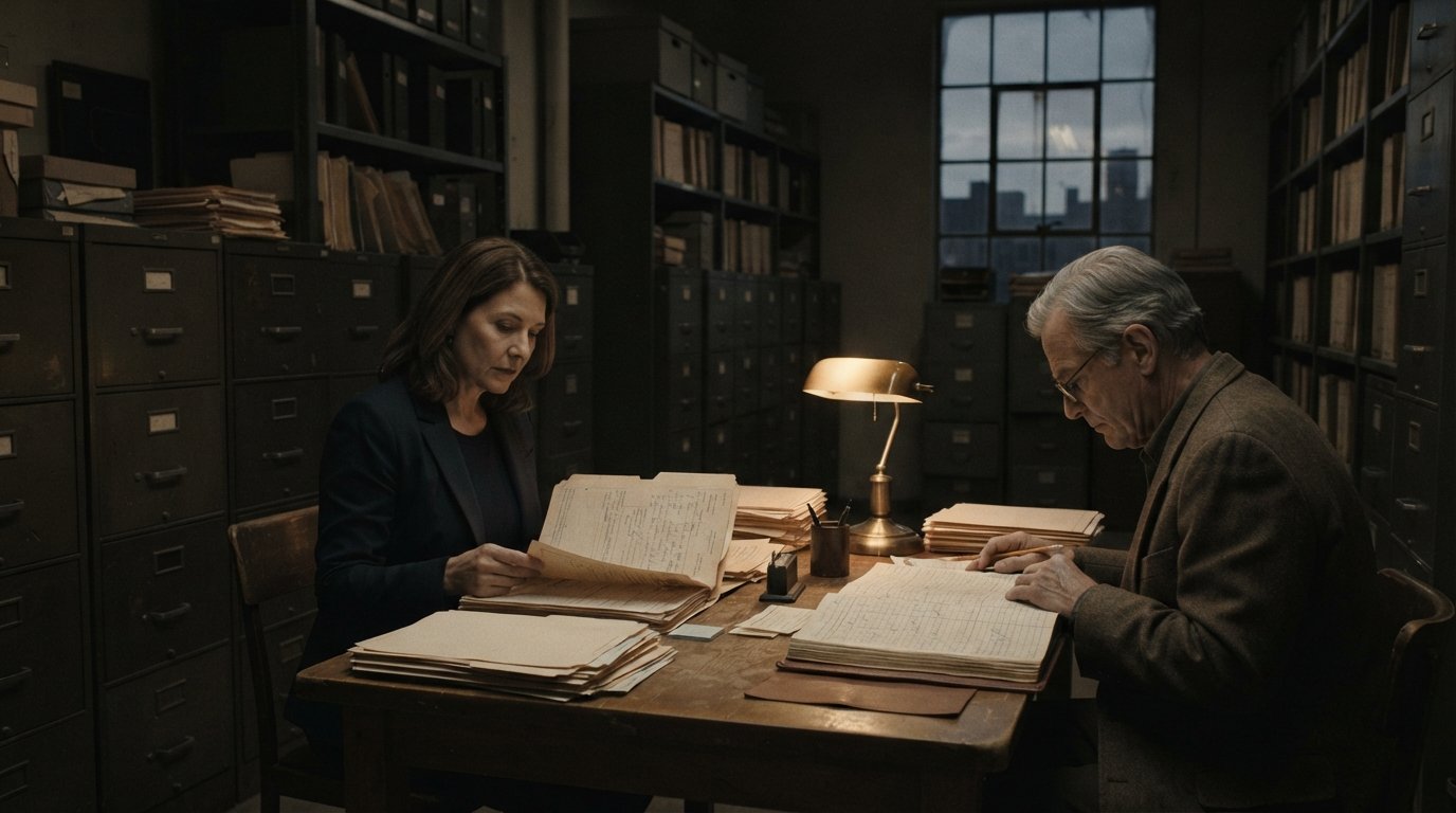 Woman in navy blazer and man in brown jacket review medical folders and a ledger at a wooden table in a dim archive room…