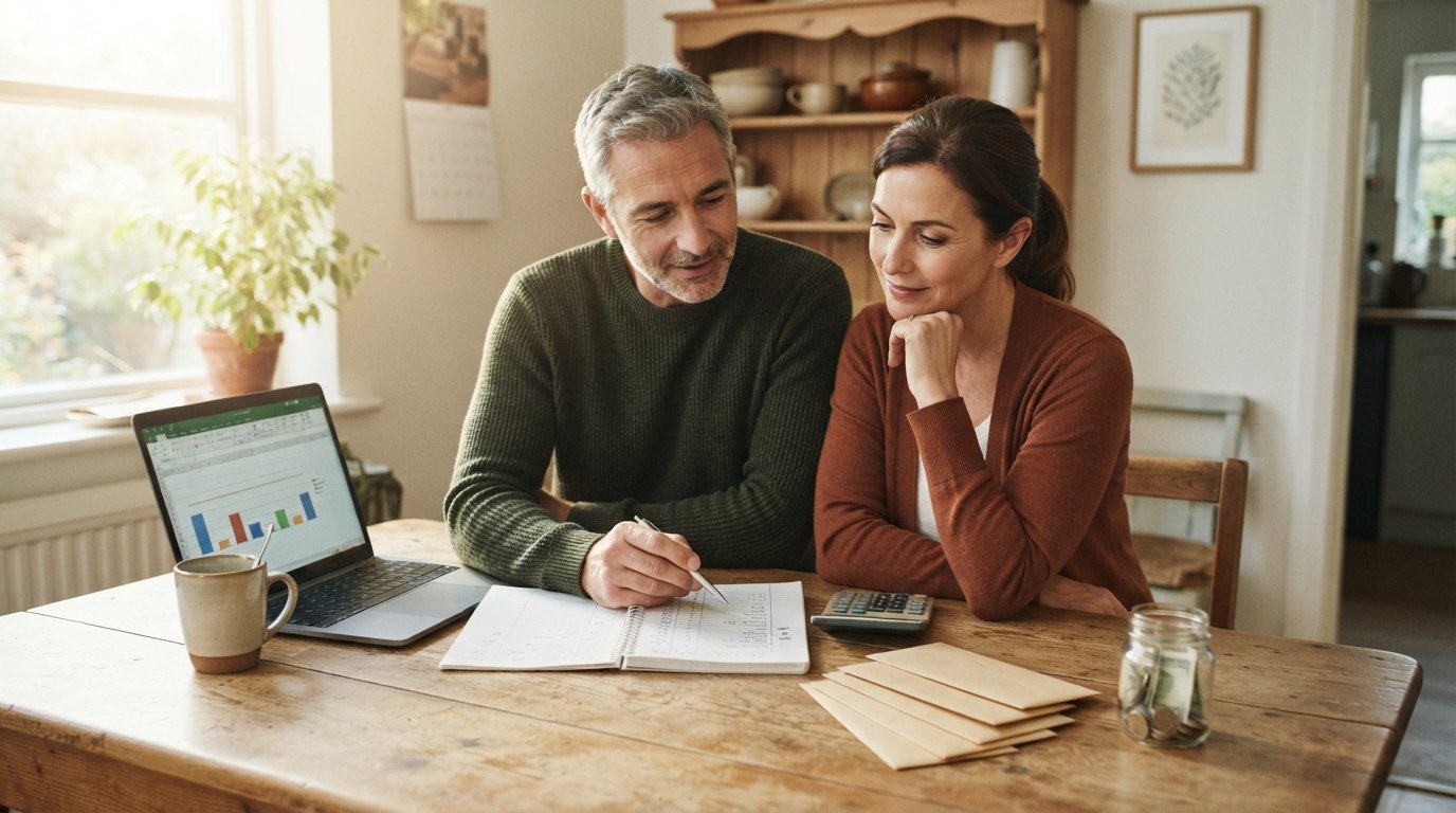 Man and woman at a wooden kitchen table reviewing a budget notebook, calculator, stacked envelopes, and a laptop spreadsheet