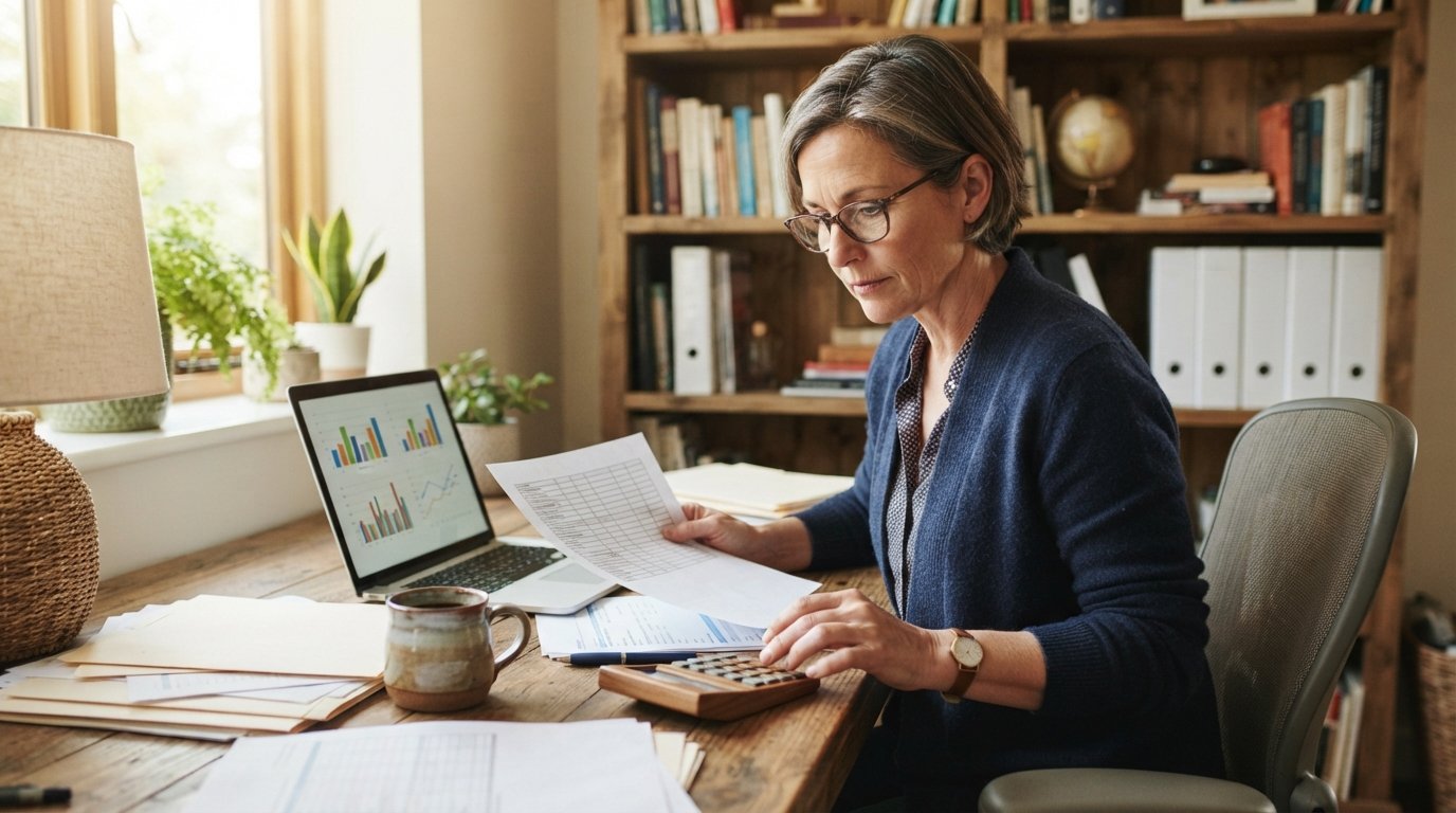 Self-employed professional in their 50s reviewing insurance paperwork and financial charts at a home office desk with a…