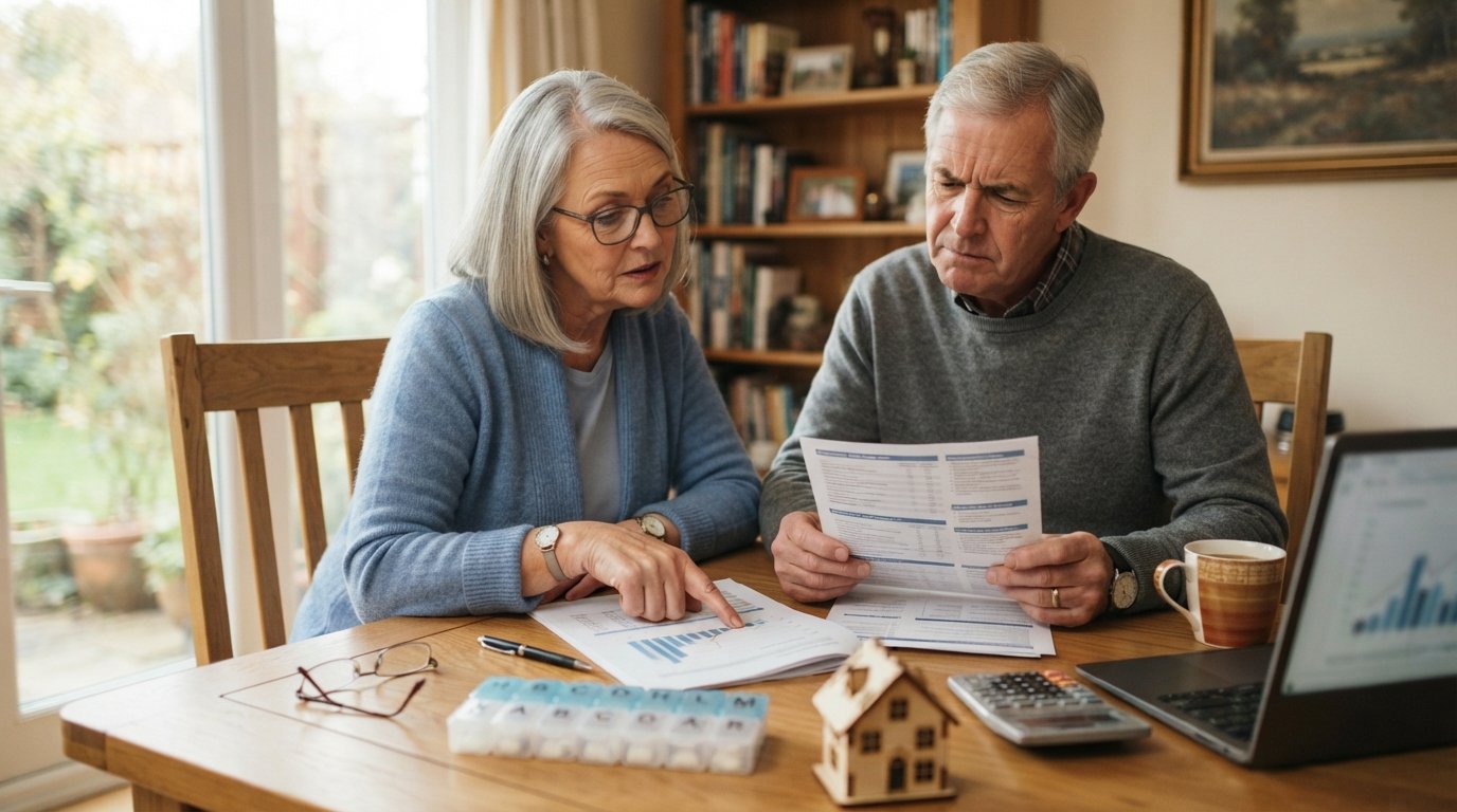 Retired couple at a dining table reviewing a retirement savings chart, a long-term care policy brochure, a calculator, a…