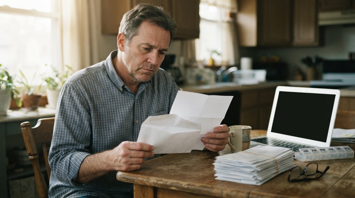 Middle-aged man in a button-down shirt sits at a wooden kitchen table holding an opened envelope and denial letter, with…