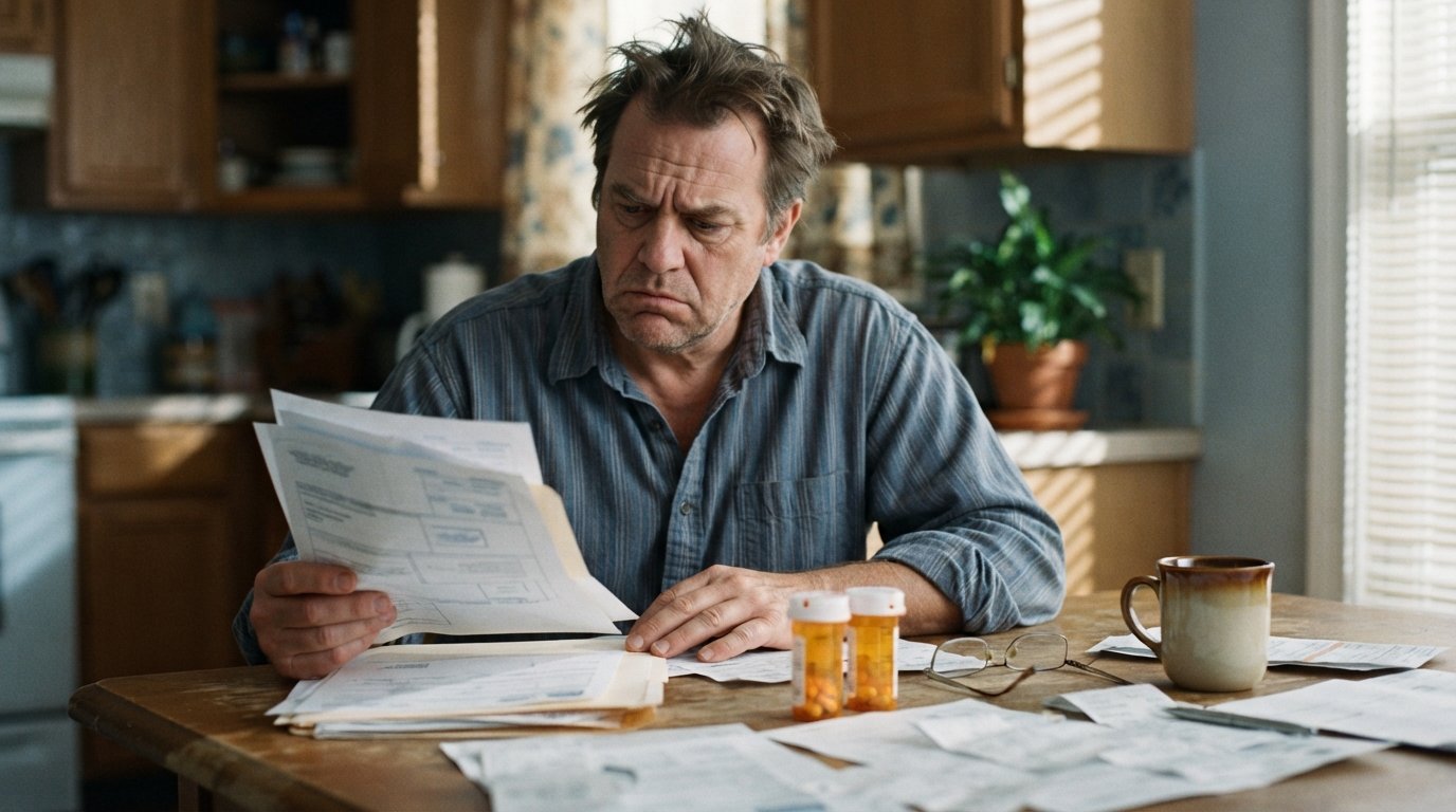 Worried man in a wrinkled shirt reading an opened denial letter at a kitchen table beside a medical file folder, pill…