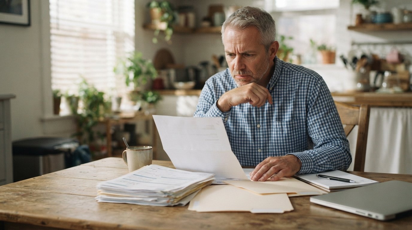 Middle-aged man in a button-down shirt sits at a wooden kitchen table, staring at an opened denial letter with a concerned…