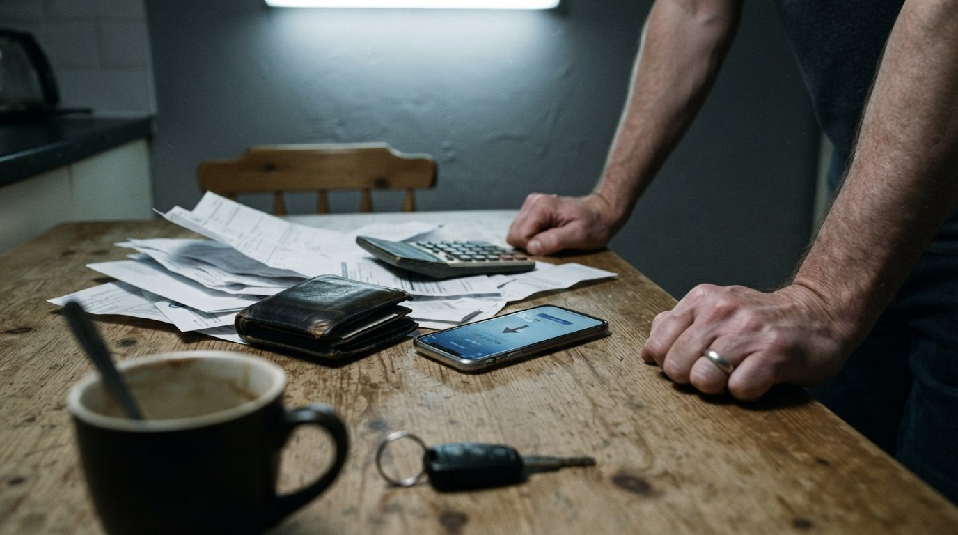 Close-up of a person's hands gripping a kitchen table amid overdue bills, a calculator, and a smartphone showing a bank alert